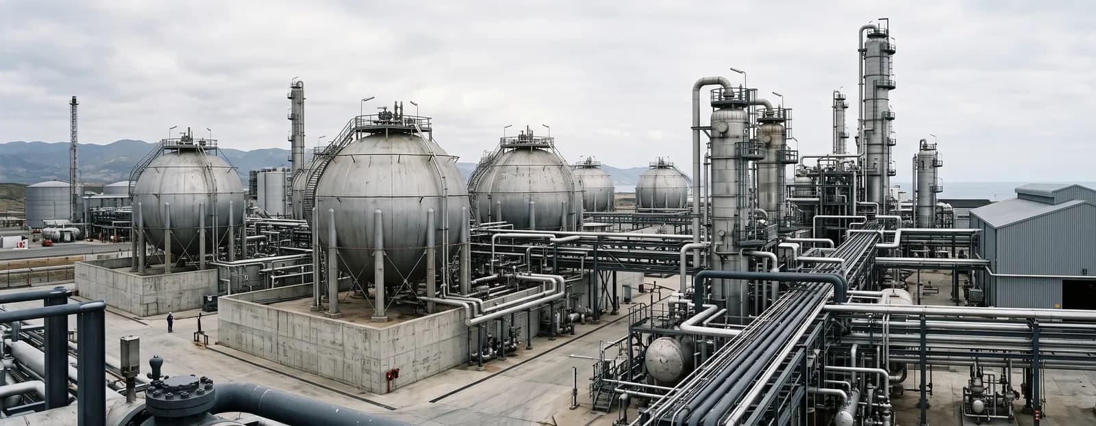 Rows of large industrial storage tanks linked by walkways under a clear sky