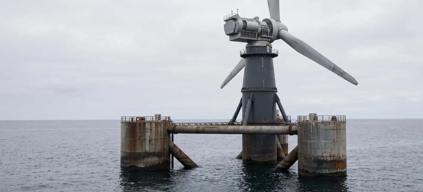 A row of offshore wind turbines standing in the sea under low sunlight