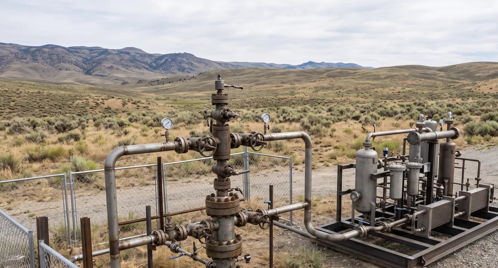 An onshore drilling rig and its site set among barren rock formations