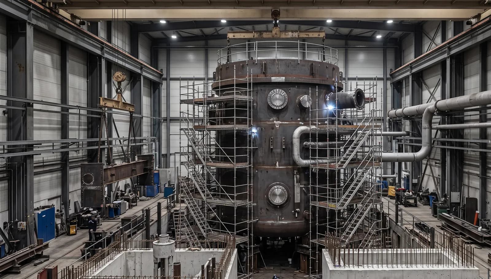 Interior of a heavy steelworks with overhead cranes and glowing molten metal