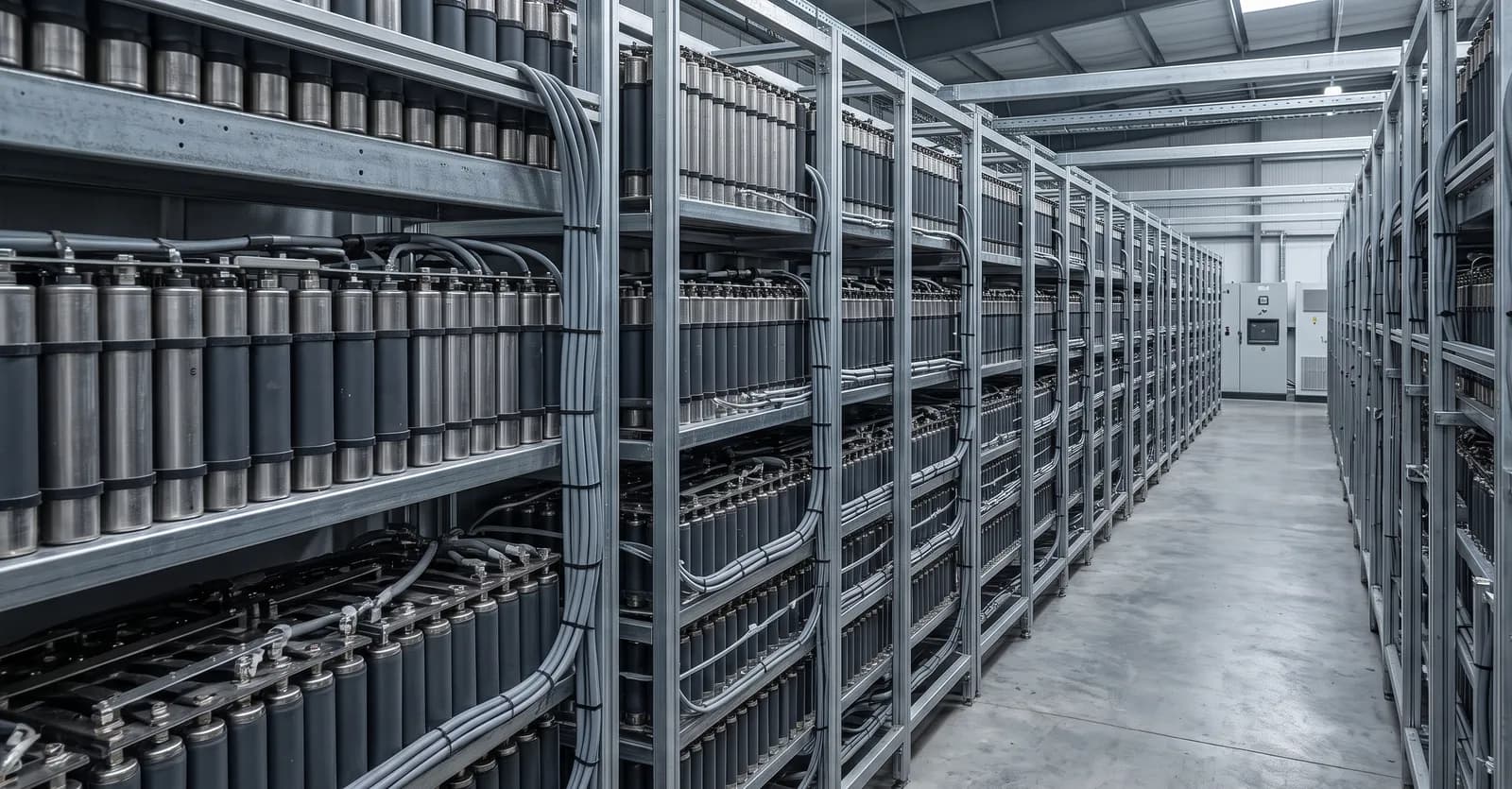 Rows of large industrial battery units inside a storage facility