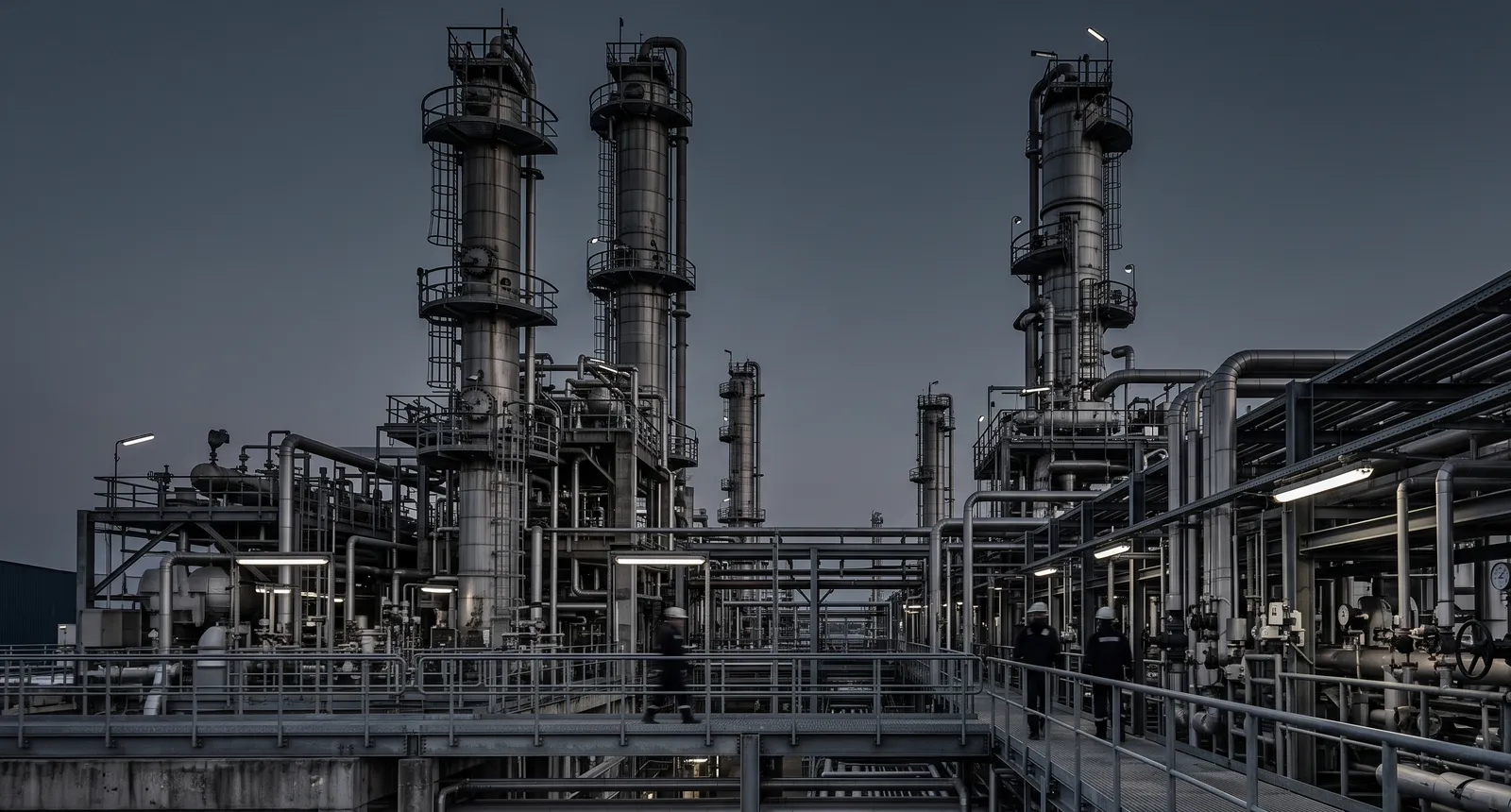 A chemical production plant with dense pipework and distillation towers