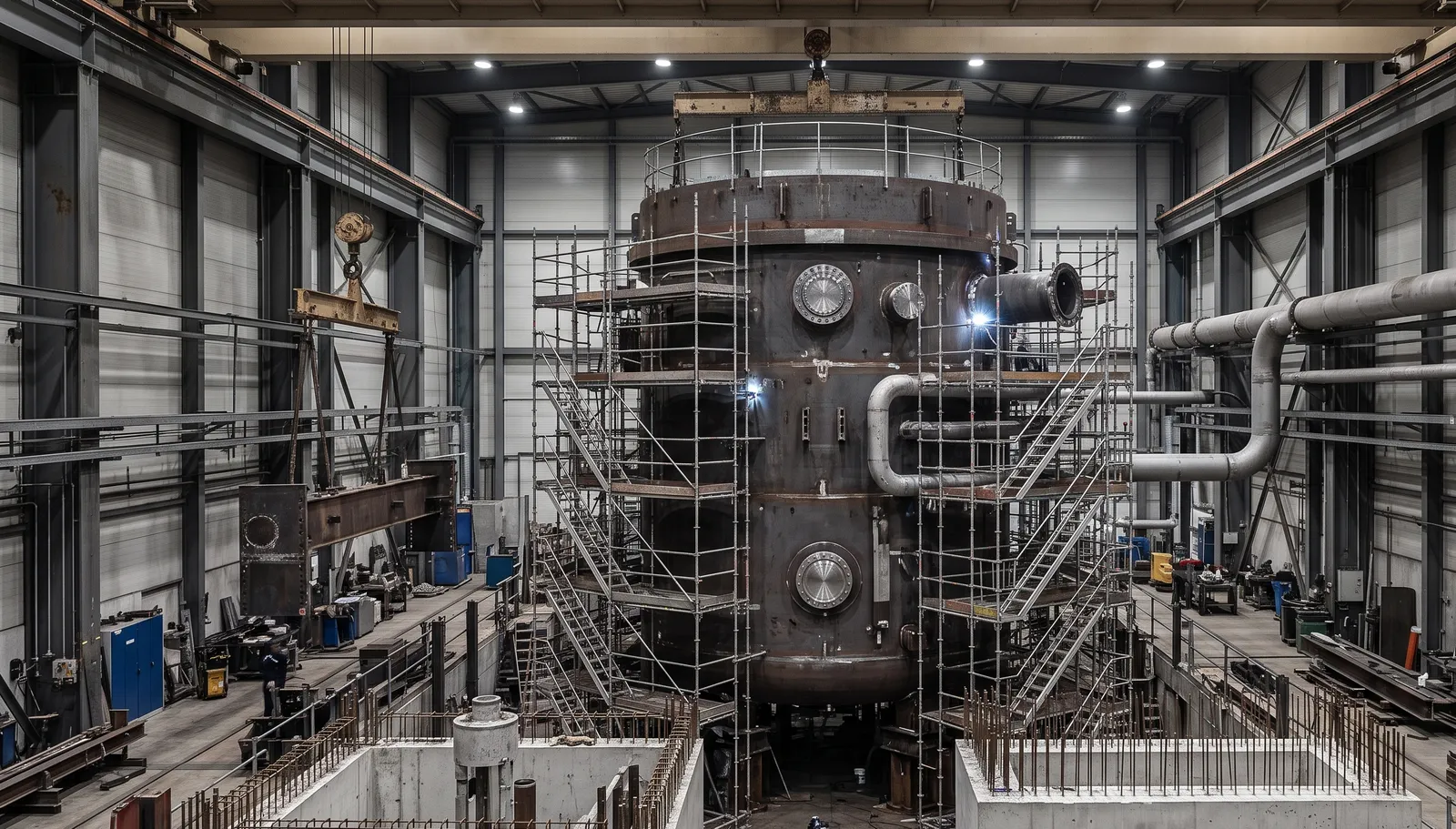 Interior of a heavy steelworks with overhead cranes and glowing molten metal