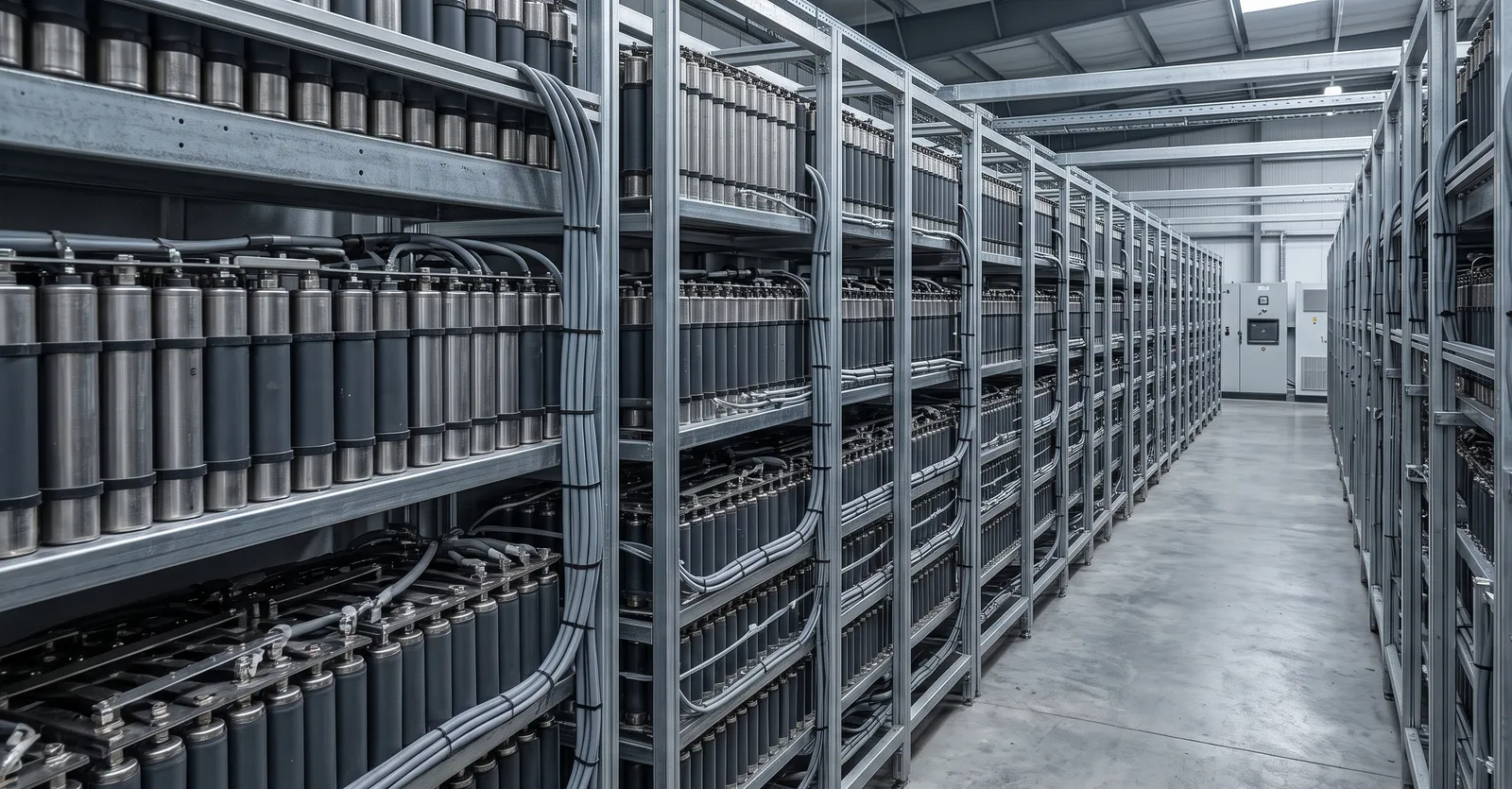 Rows of large industrial battery units inside a storage facility